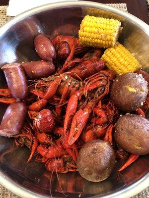 Crawfish, sausage, potatoes, corn