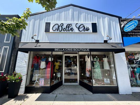 Bella Chris Boutique storefront awning on Main Street in Hyannis, MA. Black Sunbrella fabric with white lettering.