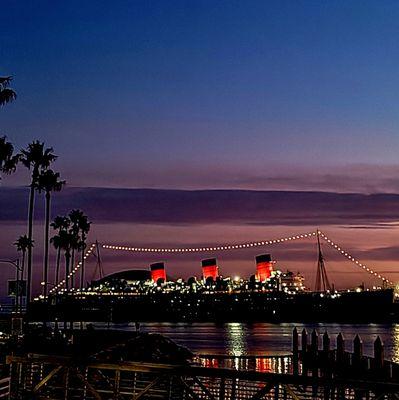 View of the Queen Mary at night - - spectacular!