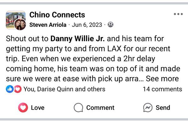 Compliments of clients sharing there thoughts about us as their transportation company