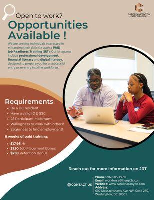 Open to Work? Join Our Paid Job Readiness Training (JRT)!
Interested? Fill out our form below! https://lnkd.in/eT8jap9E