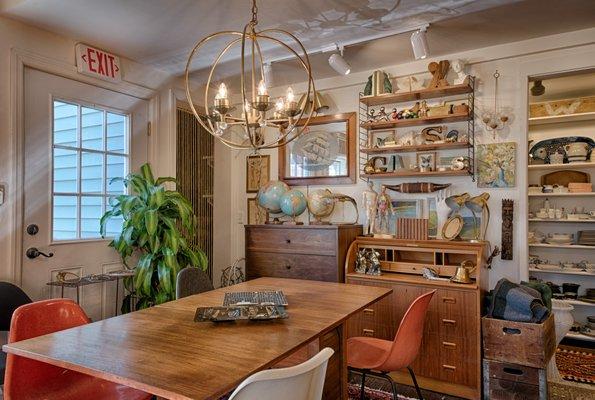 Vintage home decor & furniture fill this space.