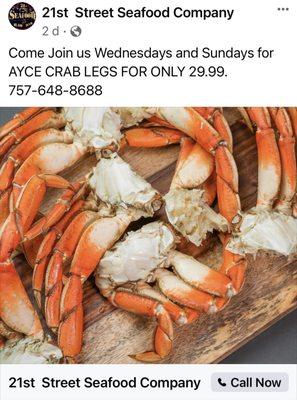 "AYCE" Crab legs for $30.00. Definite winner!!