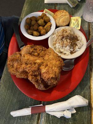 Pork chops rice and gravy and okra