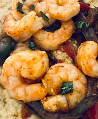 Shrimp & Grits (Cauliflower Grits!) Perfectly seasoned and delicious.