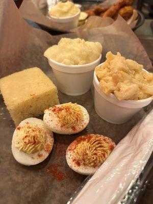 The vegetarian plate - 3 sides and cornbread. My sides were mac and cheese, deviled eggs, and mashed potatoes.