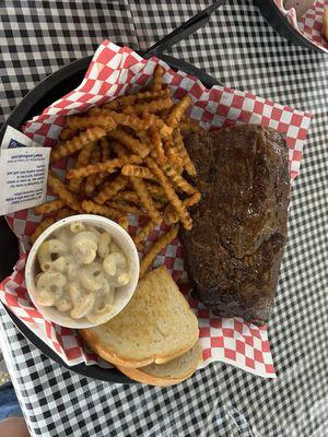 Ribs with Mac and cheese and battered fries
