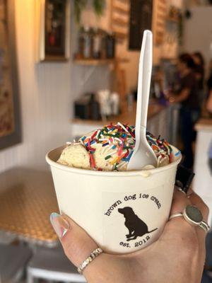 Pistachio Ice Cream with rainbow jimmies. Yum.