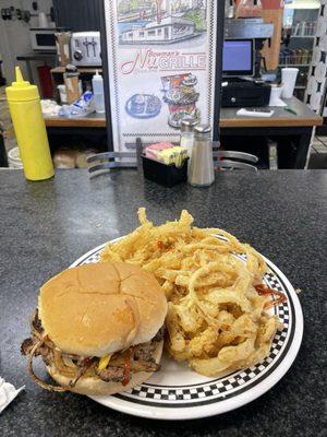 Jumbo cheeseburger with everything on it and onion rings. Fantabulous! Burger was so good I went back the next day for another!