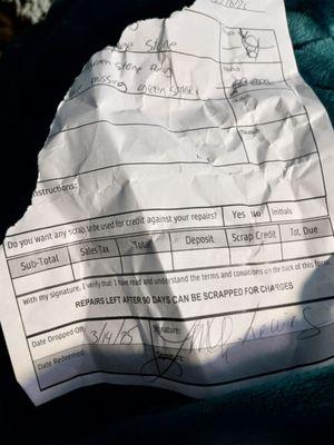 My torn receipt from Gold Mine I hope the owner sees this and does something to improve it his business practices.