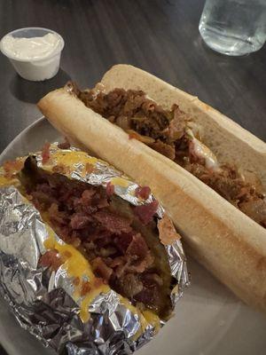 Loaded baked potato with steak sandwich