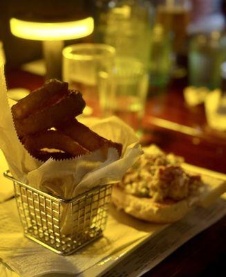 Lobster roll and onion rings