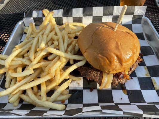 Bourbon bacon cheddar burger and fries.