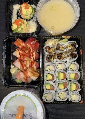 Any 3 Rolls Dragon Special Sashimi Roll 2 Piece Dinosaur Egg Miso Soup Taro Milk Tea