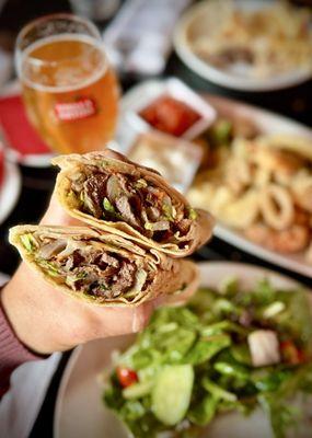 Beef shawarma sandwich with fritto misto and beer of course!!