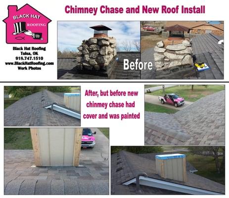The rock chimney was taking on too much water and needed to be rebuilt. The customer needed a new roof also, so we did both.