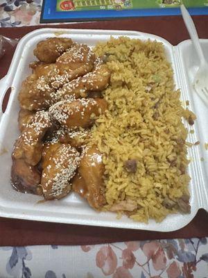 Sesame chicken and pork fried rice