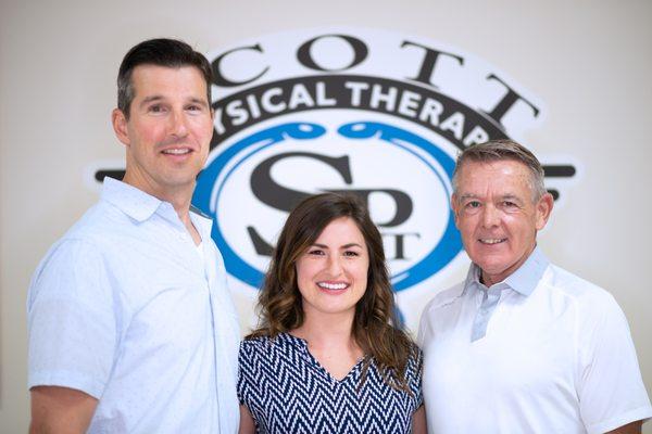 Our Physical Therapists from left to right: Owner, Jeff Mentel, PT, MPT, Dr. Ashley Ardoin, PT, DPT, RYT-200, & Ron Ryan, PT, MBA