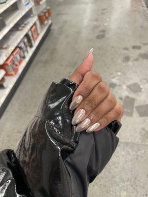 acrylic full set, gel polish with chrome powder on top.