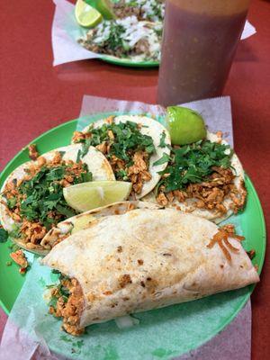 Chicken tacos and quesadilla