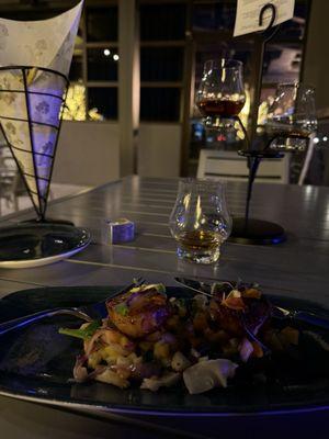 Scallops, fries, and whiskey tray