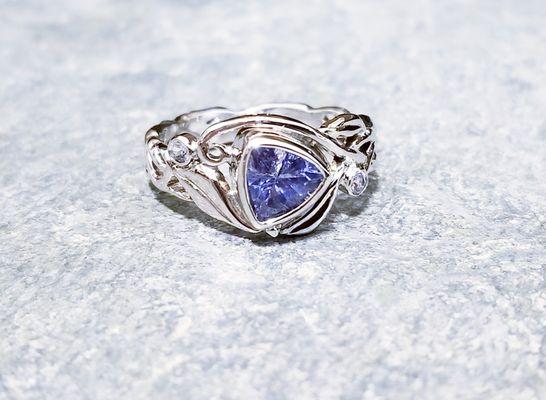 Finished! A one of a kind 14kt white gold vine engagement ring with Ceylon sapphire and diamond accents