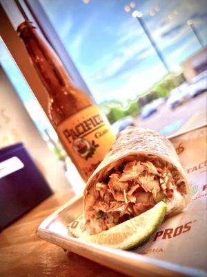Chicken Burrito and a Pacifico. Be sure to ask for a lime.