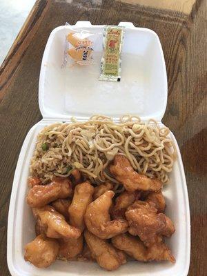 Orange Chicken with 1/2 noodles & 1/2 fried rice - tasty 6/20/23