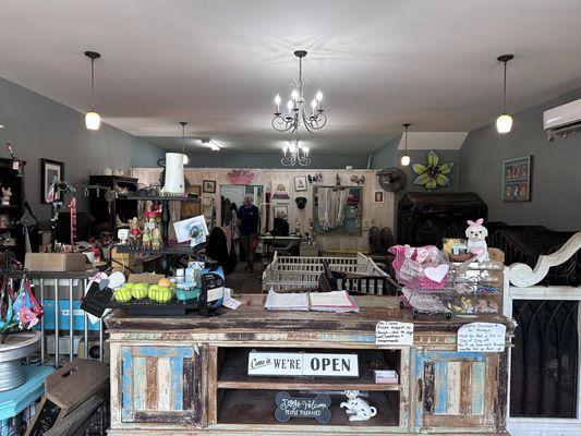 Cute little shaggy chic shop interior with items to buy for your pets. The little dogs are placed on baby cribs. Very nice.