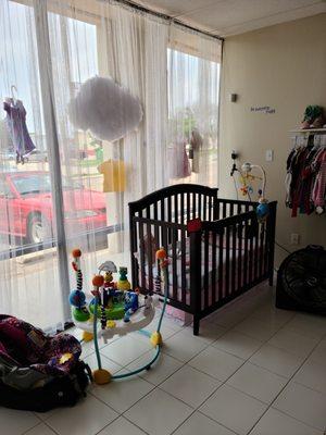 Entering the store it is nice clean free on any cluter, we carry baby clothes shoes toys bassinets swings accessories come take a peek