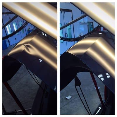 Chevy Malibu deep body line dent removal on trunk lid.