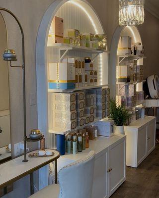 inside our newport beach location filled with the best facial products for healthy skin