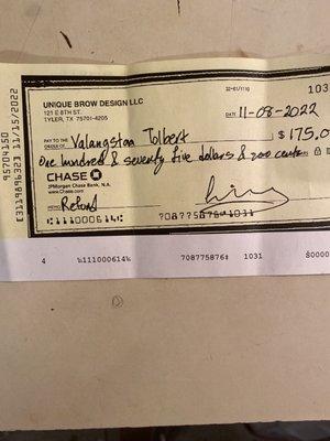 This is the check for $175.00 REFUND from JESSICA MPIANA , written to me..... INSUFFICIENT FUNDS!!! Remember, you do get what you pay for.