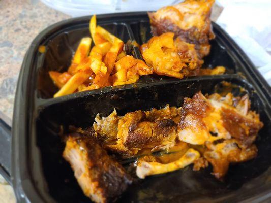 Rib tips and chicken wings and fries