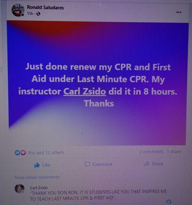 lastminutecpr.com,
GOT AN APPRECIATION FB POST FROM ONE OF MY STUDENTS THAT I TRAINED IN 2021 & SATURDAY, 3/25/2023.
THANKS RON RON.