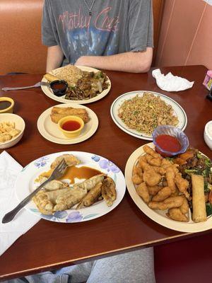 4. Sweet & Sour Pork & Kung Pao Chicken, wonton, egg roll, peppered steak, chicken fried rice,