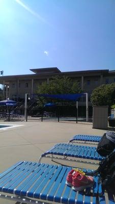 Covered kiddie pool, locker rooms below