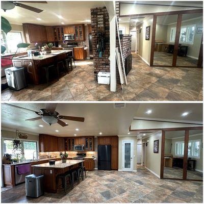 Fireplace removed, drywall and tile patched