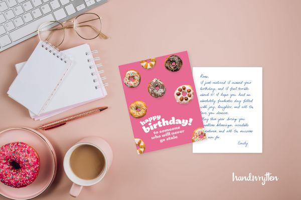 Fun, celebratory Donut card design on bright pink. Featuring a cursive handwriting style to make your personal greeting memorable.