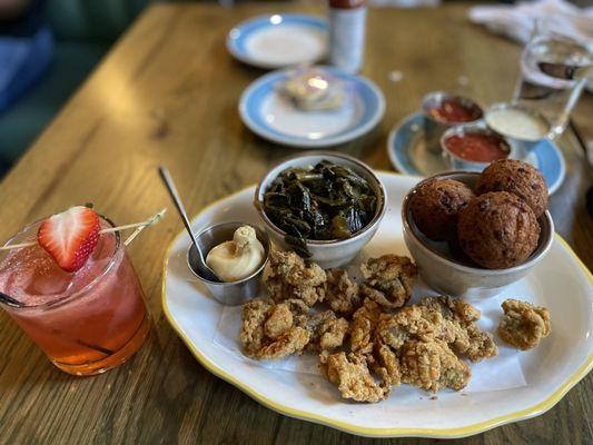 Fried oysters, green & hush puppies