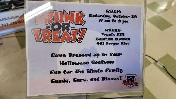 Trunk or Treat 29 Oct 2022 from 11 AM to 2 PM.