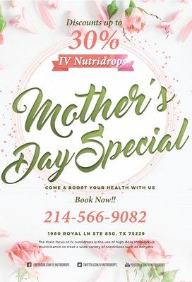 *Mothers Day Special Promotion
Up to 30% for all our special vitamin IV