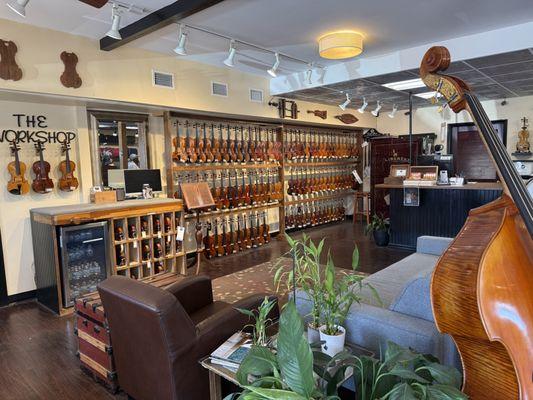 Inside the store, violin wall.