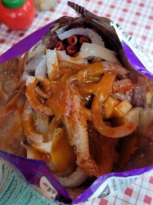 I got the Taki snacks,it has Japanese peanuts, pickle pork skin, cucumbers and valentina sauce