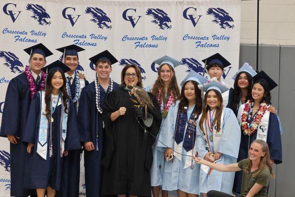 CVHS Principal Christine Benitez with Haley the Falcon and the ASB senior leadership before graduation.