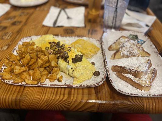 French toast and three meat omelette