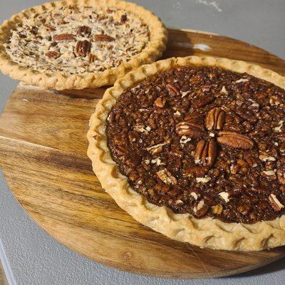 Our black strap pecan pie and sugar free pecan pie