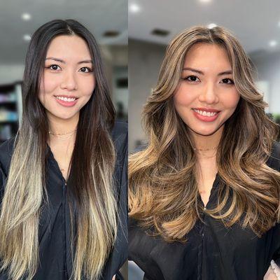 Big color and cut transformation. Lived in bronde balayage with a layered cut