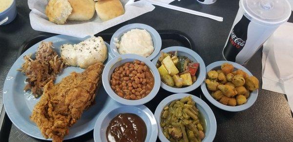Fried chicken, pulled pork, lemon & thyme chicken, baked beans, green beans, veggie medley, okra and mashed potatoes & gravy.