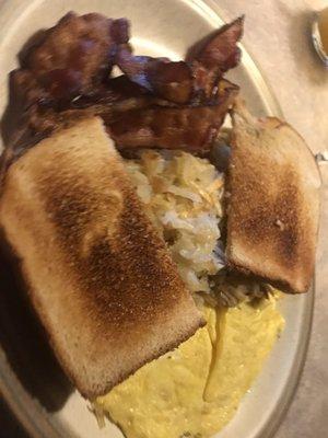 Scrambled Eggs, Bacon, Toast & Hash Browns